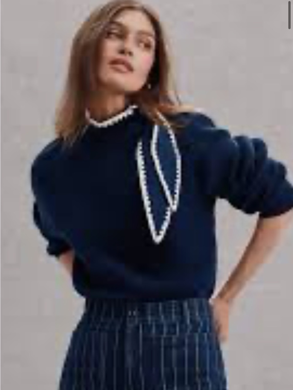 Ann Taylor lost Navy Blue contrast trim scarf Crewneck Sweater with White Trim